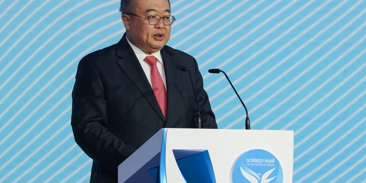 RUSSIA, MOSCOW - FEBRUARY 16, 2024: The head of the International Department of the Chinese Communist Party, Liu Jianchao, speaks at the founding forum of 'For the Freedom of Nations!', an informal international movement for the struggle against modern practices of neocolonialism, at the House of the Unions. Yekaterina Shtukina/POOL/TASS