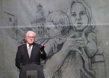 German President Frank-Walter Steinmeier speaks at the commemoration ceremony  of the 80th anniversary of the start of World War II, in Wielun, Poland, Sunday, Sept. 1, 2019. (AP Photo/Czarek Sokolowski)