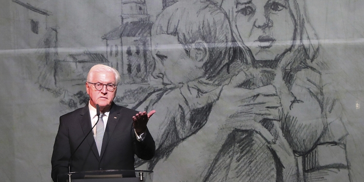 German President Frank-Walter Steinmeier speaks at the commemoration ceremony  of the 80th anniversary of the start of World War II, in Wielun, Poland, Sunday, Sept. 1, 2019. (AP Photo/Czarek Sokolowski)
