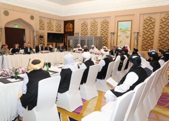 Undated handout picture of U.S., Taliban and Qatar officials during a meeting for peace talks in Doha, Qatar. Qatari Foreign Ministry/Handout via REUTERS ATTENTION EDITORS - THIS PICTURE WAS PROVIDED BY A THIRD PARTY. - RC1623E5FFE0