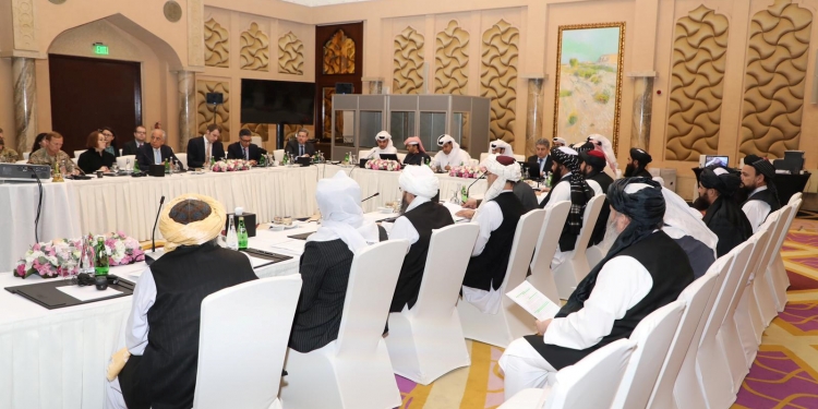 Undated handout picture of U.S., Taliban and Qatar officials during a meeting for peace talks in Doha, Qatar. Qatari Foreign Ministry/Handout via REUTERS ATTENTION EDITORS - THIS PICTURE WAS PROVIDED BY A THIRD PARTY. - RC1623E5FFE0