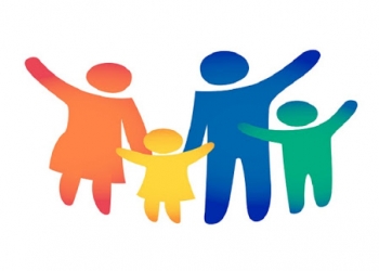 Happy family icon multicolored in simple figures. Two children, dad and mom stand together. Vector can be used as logotype.