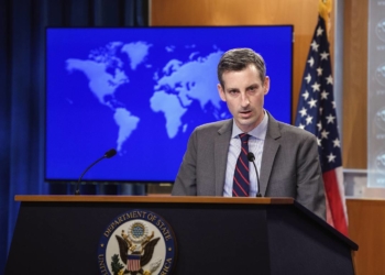 State Department spokesman Ned Price speaks during daily press briefing at the State Dept., Monday, Feb. 22. 2021 in Washington. (Nicholas Kamm /Pool via AP)