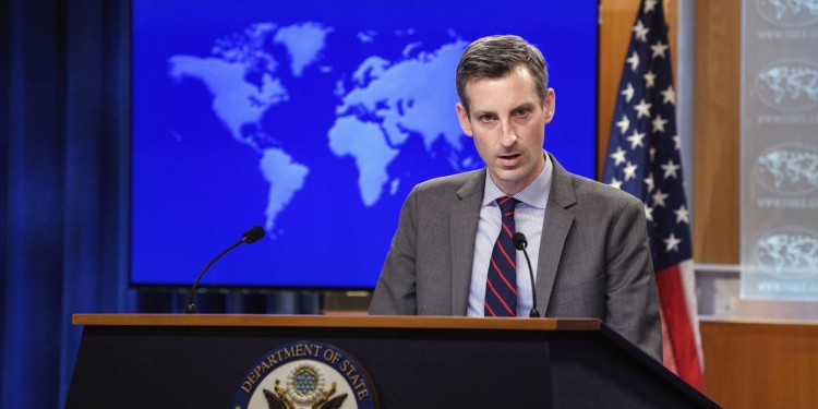 State Department spokesman Ned Price speaks during daily press briefing at the State Dept., Monday, Feb. 22. 2021 in Washington. (Nicholas Kamm /Pool via AP)