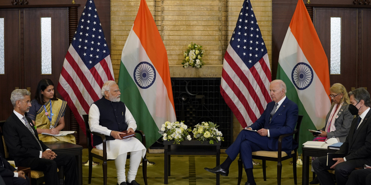 U.S. President Joe Biden, right, meets with Indian Prime Minister Narendra Modi during the Quad leaders summit at Kantei Palace, Tuesday, May 24, 2022, in Tokyo. (AP Photo/Evan Vucci)