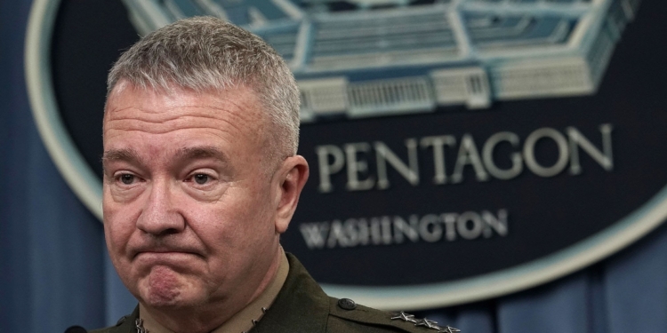 ARLINGTON, VA - APRIL 14: U.S. Marine Lt. Gen. Kenneth F. McKenzie Jr. listens during a news briefing at the Pentagon April 14, 2018 in Arlington, Virginia. The Pentagon held a briefing on the latest development of the strike in Syria. (Photo by Alex Wong/Getty Images)