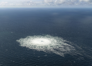 A large disturbance in the sea can be observed off the coast of the Danish island of Bornholm Tuesday, Sept. 27, 2022 following a series of unusual leaks on two natural gas pipelines running from Russia under the Baltic Sea to Germany have triggered concerns about possible sabotage. Danish Prime Minister Mette Frederiksen says she "cannot rule out" sabotage after three leaks were detected on Nord Stream 1 and 2. (Danish Defence Command via AP)