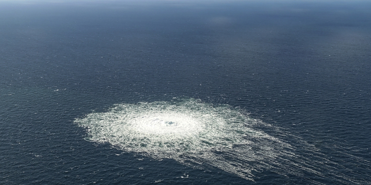 A large disturbance in the sea can be observed off the coast of the Danish island of Bornholm Tuesday, Sept. 27, 2022 following a series of unusual leaks on two natural gas pipelines running from Russia under the Baltic Sea to Germany have triggered concerns about possible sabotage. Danish Prime Minister Mette Frederiksen says she "cannot rule out" sabotage after three leaks were detected on Nord Stream 1 and 2. (Danish Defence Command via AP)