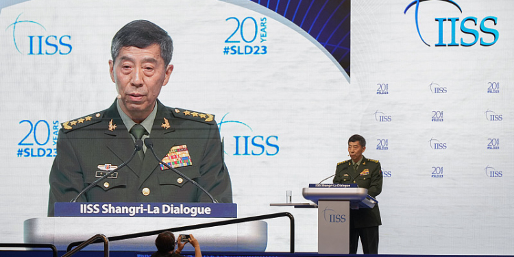 Chinese Defense Minister Gen. Li Shangfu delivers his speech on the last day of the 20th International Institute for Strategic Studies (IISS) Shangri-La Dialogue, Asia's annual defense and security forum, in Singapore, Sunday, June 4, 2023. (AP Photo/Vincent Thian)