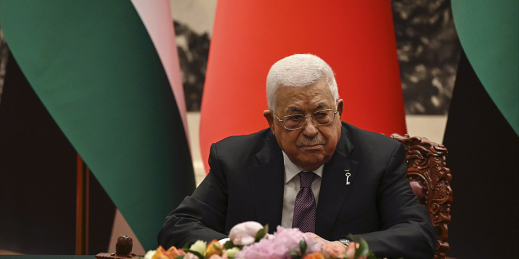 Palestinian President Mahmoud Abbas attends a signing ceremony with China's President Xi Jinping at the Great Hall of the People in Beijing Wednesday, June 14, 2023. (Jade Gao/Pool Photo via AP)
