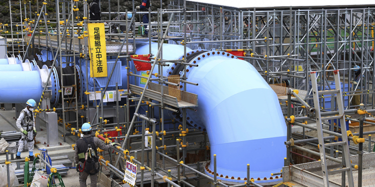 A photo shows pipes to carry treated water under construction at Fukushima Daiichi Nuclear Power Station of TEPCO in Futaba Town, Fukushima Prefecture on May 26, 2023. Fukushima Daiichi Nuclear Power Station suffered major damage from the magnitude 9.0 earthquake and tsunami that hit Japan on March 11, 2011.( The Yomiuri Shimbun via AP Images )