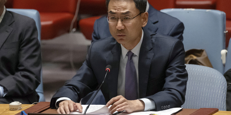 China's deputy permanent representative to the U.N. Geng Shuang speaks during a security council meeting at United Nations headquarters, Friday, June 23, 2023. (AP Photo/Yuki Iwamura)