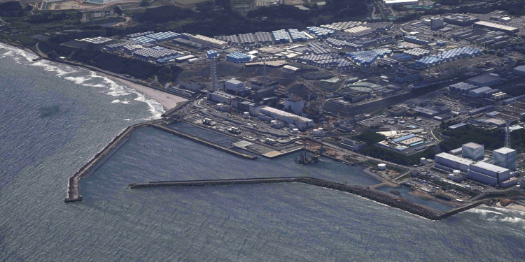 An aerial photo shows the Fukushima No. 1 nuclear power plant of Tokyo Electric Power Company Holdings Inc. in Fukushima Prefecture on Aug. 24, 2023. TEPCO announced that it had started to release treated water stored within the premises of the plant into the ocean on the same day little past 1p.m.. ( The Yomiuri Shimbun via AP Images )