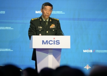 Chinese Defense Minister Li Shangfu delivers his speech at the International Military Forum Army-2023 in the Patriot Park near Moscow in Moscow, Russia, Tuesday, Aug. 15, 2023.The Moscow Conference on International Security is held at the Army Forum, Russia's main military showcase event that began just outside Moscow on Monday. (AP Photo/Alexander Zemlianichenko)