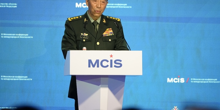 Chinese Defense Minister Li Shangfu delivers his speech at the International Military Forum Army-2023 in the Patriot Park near Moscow in Moscow, Russia, Tuesday, Aug. 15, 2023.The Moscow Conference on International Security is held at the Army Forum, Russia's main military showcase event that began just outside Moscow on Monday. (AP Photo/Alexander Zemlianichenko)