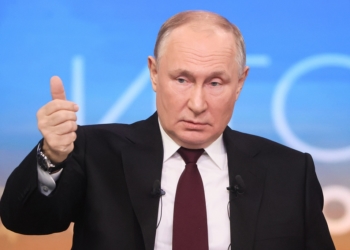 RUSSIA, MOSCOW - DECEMBER 14, 2023: Russia's President Vladimir Putin gestures during an annual national live televised question-and-answer session and press conference at Gostiny Dvor. Mikhail Metzel/TASS
