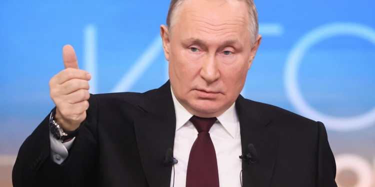 RUSSIA, MOSCOW - DECEMBER 14, 2023: Russia's President Vladimir Putin gestures during an annual national live televised question-and-answer session and press conference at Gostiny Dvor. Mikhail Metzel/TASS