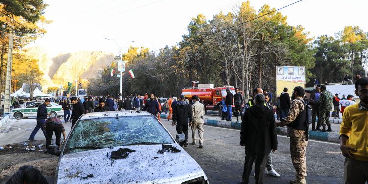 People gather at the site of an explosion in the city of Kerman, about 510 miles (820 kilometres) southeast of the capital Tehran, Iran, Wednesday, Jan. 3, 2024. Two bombs exploded Wednesday at a commemoration for a prominent Iranian general slain by the U.S. in a 2020 drone strike, Iranian officials said, as the Middle East remains on edge over Israel's war on Hamas in the Gaza Strip. (Sare Tajalli, ISNA via AP)