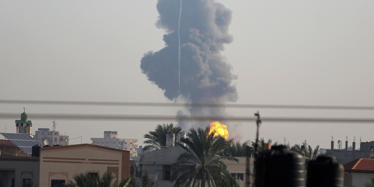 Smoke is rising from the Al-Maghazi Refugee Camp in the central Gaza Strip on January 9, 2024, amid ongoing battles between Israel and Hamas militants. (Photo by Majdi Fathi/NurPhoto)