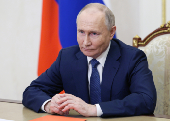 Russian President Vladimir Putin holds a meeting with members of the Security Council via videoconference at the Kremlin in Moscow, Russia, Monday, May 13, 2024. (Aleksey Babushkin, Sputnik, Kremlin Pool Photo via AP)