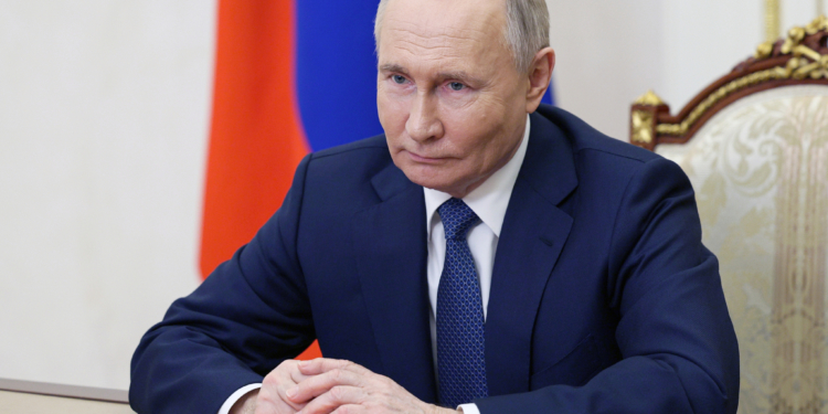 Russian President Vladimir Putin holds a meeting with members of the Security Council via videoconference at the Kremlin in Moscow, Russia, Monday, May 13, 2024. (Aleksey Babushkin, Sputnik, Kremlin Pool Photo via AP)