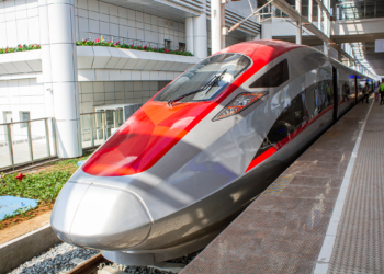 Electrical Multiple Units (EMU) train seen at Tegalluar high-speed railway station on September 16, 2023 in Bandung, West Java, Indonesia. PT Kereta Cepat Indonesia China (KCIC) begins operation of public free trial for Jakarta-Bandung High-Speed Train (KCJB) from September 15, 2023 to September 30, 2023. The residents registered through each district office and will take turns to participate in the rail trial with a specific departure procedure. Indonesia is the first Southeast Asian country to successfully develop a world-class fast rail technology. (Photo by Algi Febri Sugita/NurPhoto)
