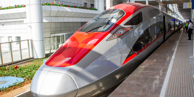 Electrical Multiple Units (EMU) train seen at Tegalluar high-speed railway station on September 16, 2023 in Bandung, West Java, Indonesia. PT Kereta Cepat Indonesia China (KCIC) begins operation of public free trial for Jakarta-Bandung High-Speed Train (KCJB) from September 15, 2023 to September 30, 2023. The residents registered through each district office and will take turns to participate in the rail trial with a specific departure procedure. Indonesia is the first Southeast Asian country to successfully develop a world-class fast rail technology. (Photo by Algi Febri Sugita/NurPhoto)