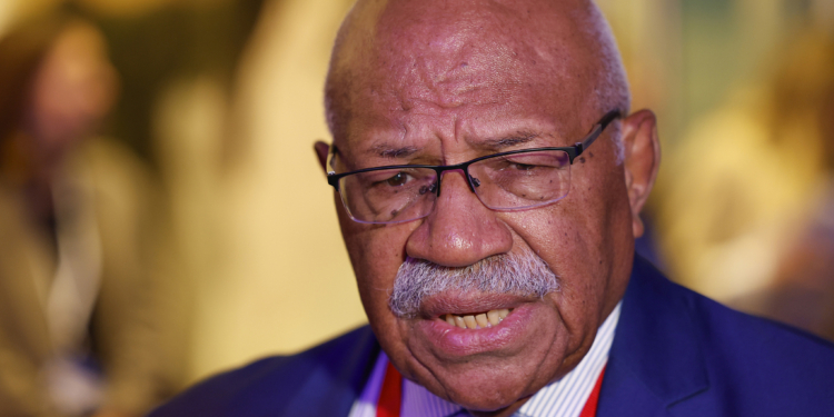 Fiji's Prime Minister Sitiveni Rabuka talks to journalists during the EU Indo-Pacific Ministerial Forum meeting in Brussels, Friday, Feb. 2, 2024. (AP Photo/Geert Vanden Wijngaert)