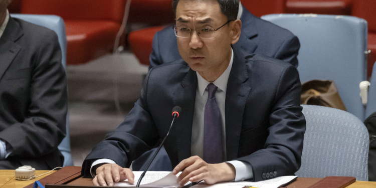 China's deputy permanent representative to the U.N. Geng Shuang speaks during a security council meeting at United Nations headquarters, Friday, June 23, 2023. (AP Photo/Yuki Iwamura)