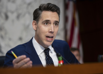 Sen. Josh Hawley (R-Mo.) speaks during a Senate Homeland Security Subcommittee on Investigations hearing featuring testimony from Boeing CEO Dave Calhoun on Capitol Hill June 18, 2024. (Francis Chung/POLITICO via AP Images)