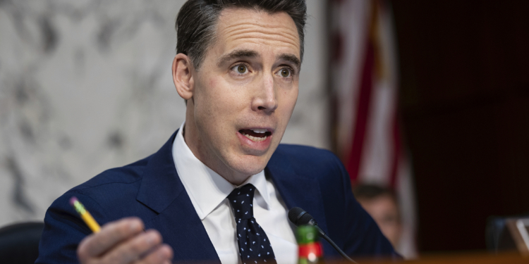 Sen. Josh Hawley (R-Mo.) speaks during a Senate Homeland Security Subcommittee on Investigations hearing featuring testimony from Boeing CEO Dave Calhoun on Capitol Hill June 18, 2024. (Francis Chung/POLITICO via AP Images)