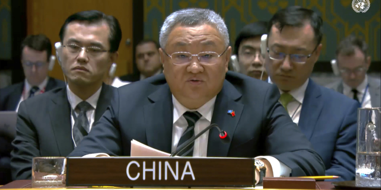 This image from United Nations Television, shows China Ambassador Fu Song during meeting of the United Nations Security Council, Wednesday, Oct. 2, 2024. (UNTV via AP)