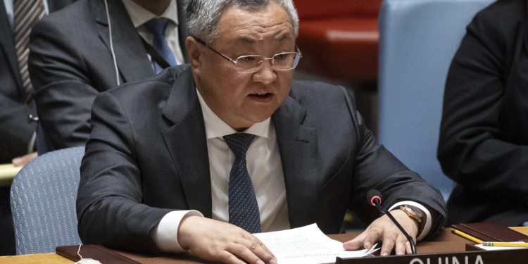 Fu Cong, China's permanent representative to the United Nations, speaks during a Security Council meeting at United Nations headquarters, Thursday, April 18, 2024. (AP Photo/Yuki Iwamura)