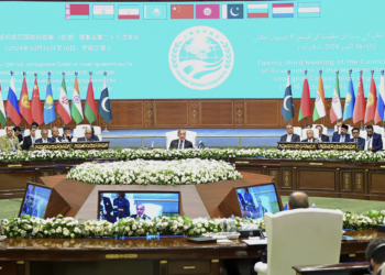 In this photo released by the Press Information Department, Pakistan's Prime Minister Shehbaz Sharif, center, delivers his speech at the opening session of Shanghai Cooperation Organization (SCO) meeting, in Islamabad, Pakistan, Wednesday, Oct. 16, 2024. (Press Information Department via AP)