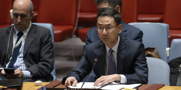 China's deputy permanent representative to the U.N. Geng Shuang speaks during a security council meeting at United Nations headquarters, Friday, June 23, 2023. (AP Photo/Yuki Iwamura)