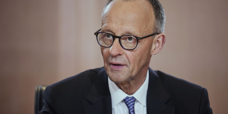 Newly-elected German Chancellor Friedrich Merz attends the first cabinet meeting, at the chancellery in Berlin, late Tuesday, May 6, 2025. (AP Photo/Ebrahim Noroozi)