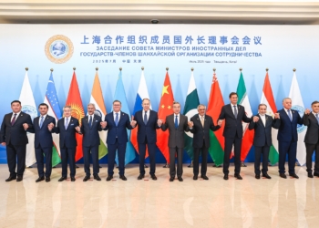 CHINA, TIANJIN - JULY 15, 2025: Director of the SCO Executive Committee of the Regional Anti-Terrorist Structure Ularbek Sharsheev, Uzbekistan’s Mnister of Foreign Affairs Baxtiyor Saidov, Kyrgyzstan's Minister of Foreign Affairs Jeenbek Kulubayev, Foreign Minister of India Subrahmanyam Jaishankar, Kazakhstan's Foreign Minister Murat Nurtleu, Russia's Foreign Minister Sergei Lavrov, China's Foreign Minister Wang Yi, Pakistan's Foreign Minister Mohammad Ishaq Dar, Belarus' Foreign Minister Maxim Ryzhenkov, Iran's Foreign Minister Abbas Araghchi, Tajikistan's Foreign Minister Sirojiddin Muhriddin, Shanghai Cooperation Organisation Secretary General Nurlan Yermekbayev (L-R) pose for a group photo before the 2025 meeting of the Council of Foreign Ministers of the Shanghai Cooperation Organization (SCO). Russian Foreign Ministry/TASS