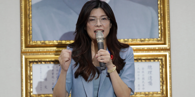 Cheng Li-wun delivers a speech after winning in the Kuomintang (KMT, Nationalist Party) chairman election in Taipei, Taiwan, Saturday, Oct. 18, 2025. (AP Photo/Chiang Ying-ying)