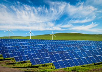 Wind turbines and solar plates making green energy