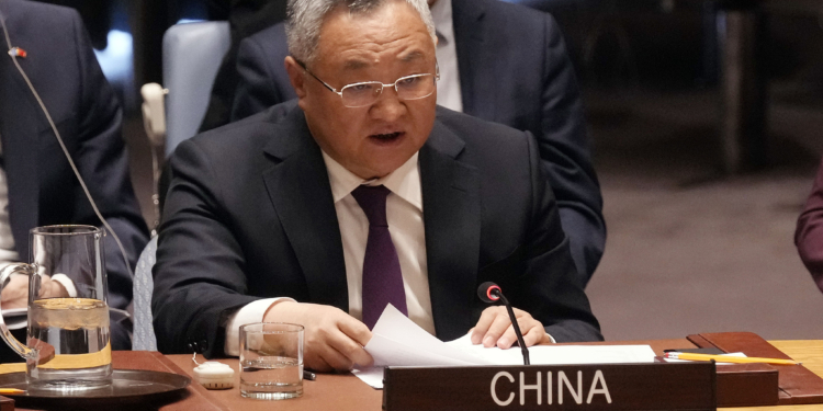 China's UN Ambassador Fu Cong addresses the United Nations Security Council, Thursday, Dec. 19, 2024. (AP Photo/Richard Drew)