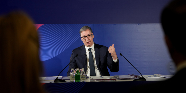 Serbian President Aleksandar Vucic speaks during a public address in Belgrade, Serbia, Tuesday, Dec. 30, 2025. (AP Photo/Darko Vojinovic)