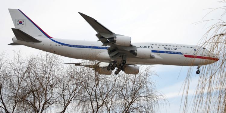Republic of Korea Air Force One, carrying South Korean President Lee Jae-Myung, lands at Beijing Capital International Airport in Beijing, China, on January 4, 2026. President Lee Jae Myung began his first state visit to China, with talks scheduled with Xi Jinping, President of the People's Republic of China, on January 5. ( The Yomiuri Shimbun via AP Images )