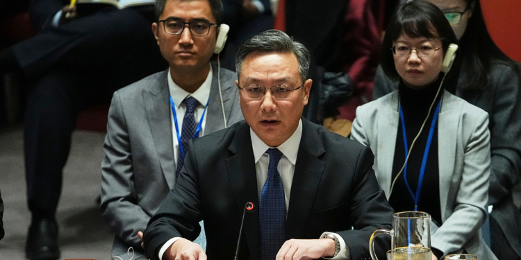 China's Deputy U.N. Ambassador Sun Lei addresses the Security Council Monday, Jan. 5, 2026 at U.N. headquarters. (AP Photo/Frank Franklin II)