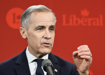 Mark Carney, former governor of the Bank of Canada and Liberal Party leader candidate, during a Liberal Party leadership debate in Montreal, Quebec, Canada, on Monday, Feb. 24, 2025. Liberals will decide on a new leader by March 9, which gives the winner of the contest about two weeks before Parliament returns. Photographer: Graham Hughes/Bloomberg
