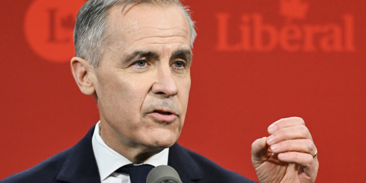 Mark Carney, former governor of the Bank of Canada and Liberal Party leader candidate, during a Liberal Party leadership debate in Montreal, Quebec, Canada, on Monday, Feb. 24, 2025. Liberals will decide on a new leader by March 9, which gives the winner of the contest about two weeks before Parliament returns. Photographer: Graham Hughes/Bloomberg