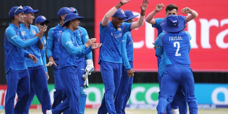 WINDHOEK, NAMIBIA - JANUARY 16: Afghanistan players celebrate the wicket of Jorich van Schalkwyk of South Africa (Not Pictured) during the ICC U19 Men's Cricket World Cup 2026 match between Afghanistan and South Africa at HP Oval on January 16, 2026 in Windhoek, Namibia. (Photo by Floris van Schouwenburg-ICC/ICC via Getty Images)