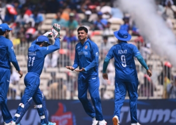CHENNAI, INDIA - FEBRUARY 08: Mujeeb Ur Rahman of Afghanistan celebrates after taking the wicket of Finn Allen of New Zealand during the ICC Men's T20 World Cup India & Sri Lanka 2026  match between New Zealand and Afghanistan at MA Chidambaram Stadium on February 08, 2026 in Chennai, India. (Photo by Joe Allison-ICC/ICC via Getty Images)
