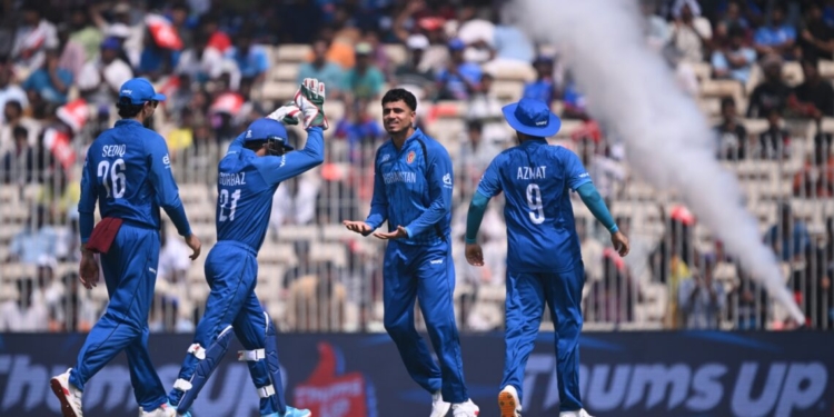 CHENNAI, INDIA - FEBRUARY 08: Mujeeb Ur Rahman of Afghanistan celebrates after taking the wicket of Finn Allen of New Zealand during the ICC Men's T20 World Cup India & Sri Lanka 2026  match between New Zealand and Afghanistan at MA Chidambaram Stadium on February 08, 2026 in Chennai, India. (Photo by Joe Allison-ICC/ICC via Getty Images)