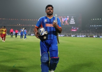 KOLKATA, INDIA - MARCH 01: Sanju Samson of India celebrates victory following the ICC Men's T20 World Cup India & Sri Lanka 2026 Super 8 match between India and West Indies at Eden Gardens on March 01, 2026 in Kolkata, India. (Photo by Alex Davidson-ICC/ICC via Getty Images)