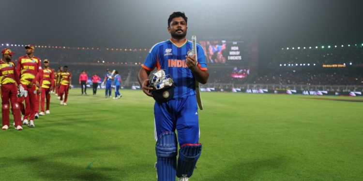 KOLKATA, INDIA - MARCH 01: Sanju Samson of India celebrates victory following the ICC Men's T20 World Cup India & Sri Lanka 2026 Super 8 match between India and West Indies at Eden Gardens on March 01, 2026 in Kolkata, India. (Photo by Alex Davidson-ICC/ICC via Getty Images)